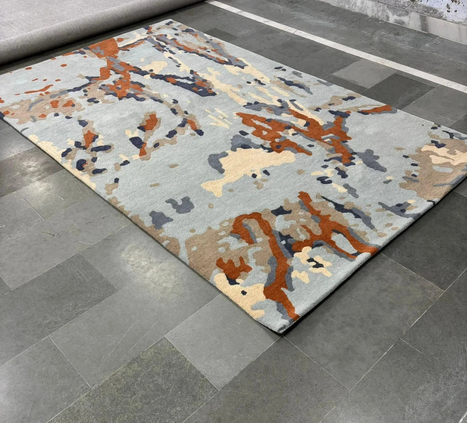 Luxury Handmade Abstract Designer Rug in Grey Rust Blue & Beige