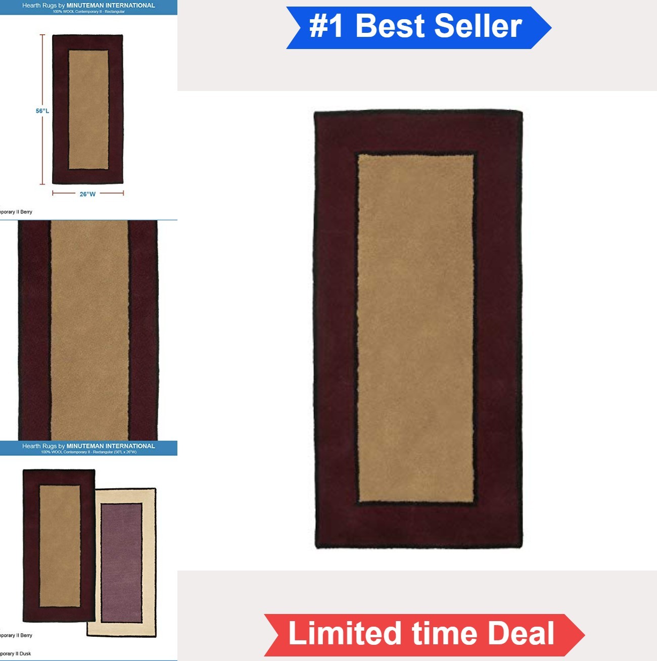 Hearth Rug 56×26 Inch Berry Wool Handmade Tufted Low Pile Flame Resistant