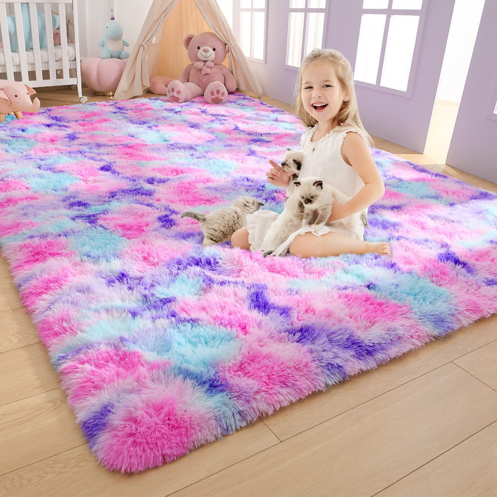 Soft Fluffy Rainbow Area Rug Ideal for Girls’ Bedrooms Hot Pink 4×6 Feet