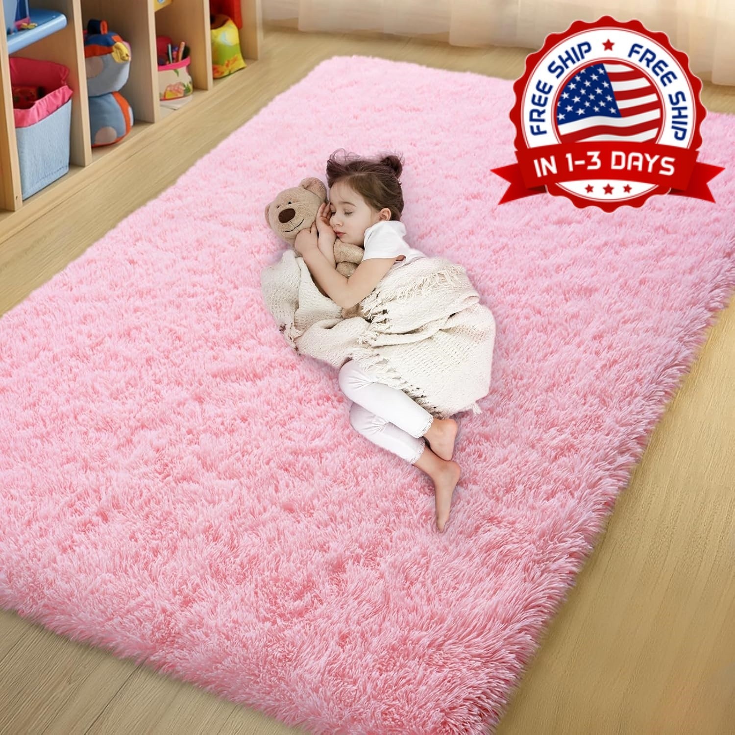 Alfombra de pelo largo de 4×6 pies color rosa suave para dormitorio de nina