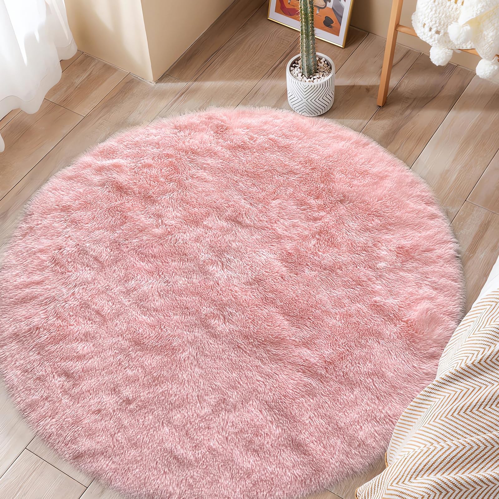 Pink Round Area Rugs Fluffy Circle Rug 4×4 Feet Shag Round Rugs for Girls Boy…