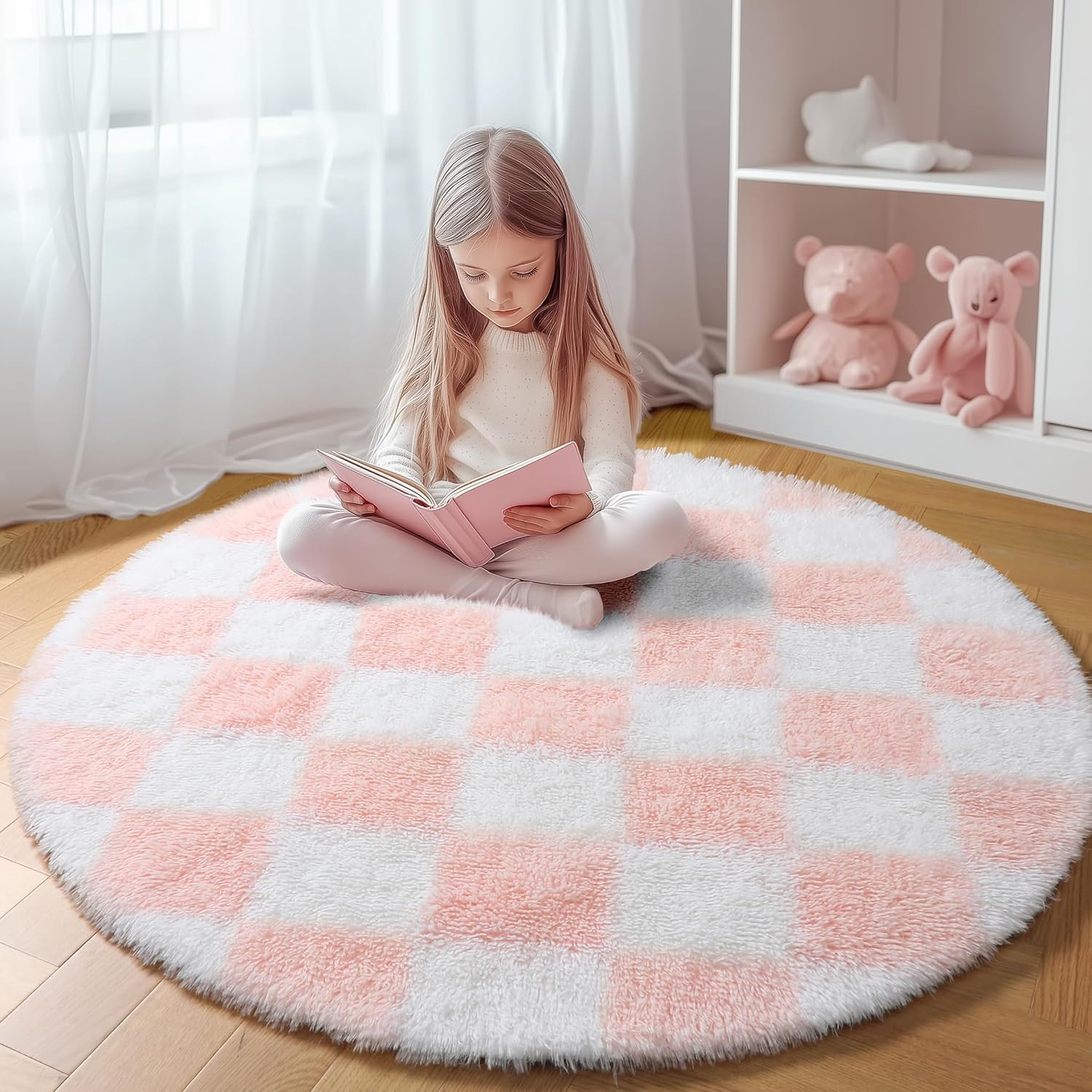 Pink round Rug 4Ft for Girls Bedroom, Fluffy Soft Circle Area Rug Cute