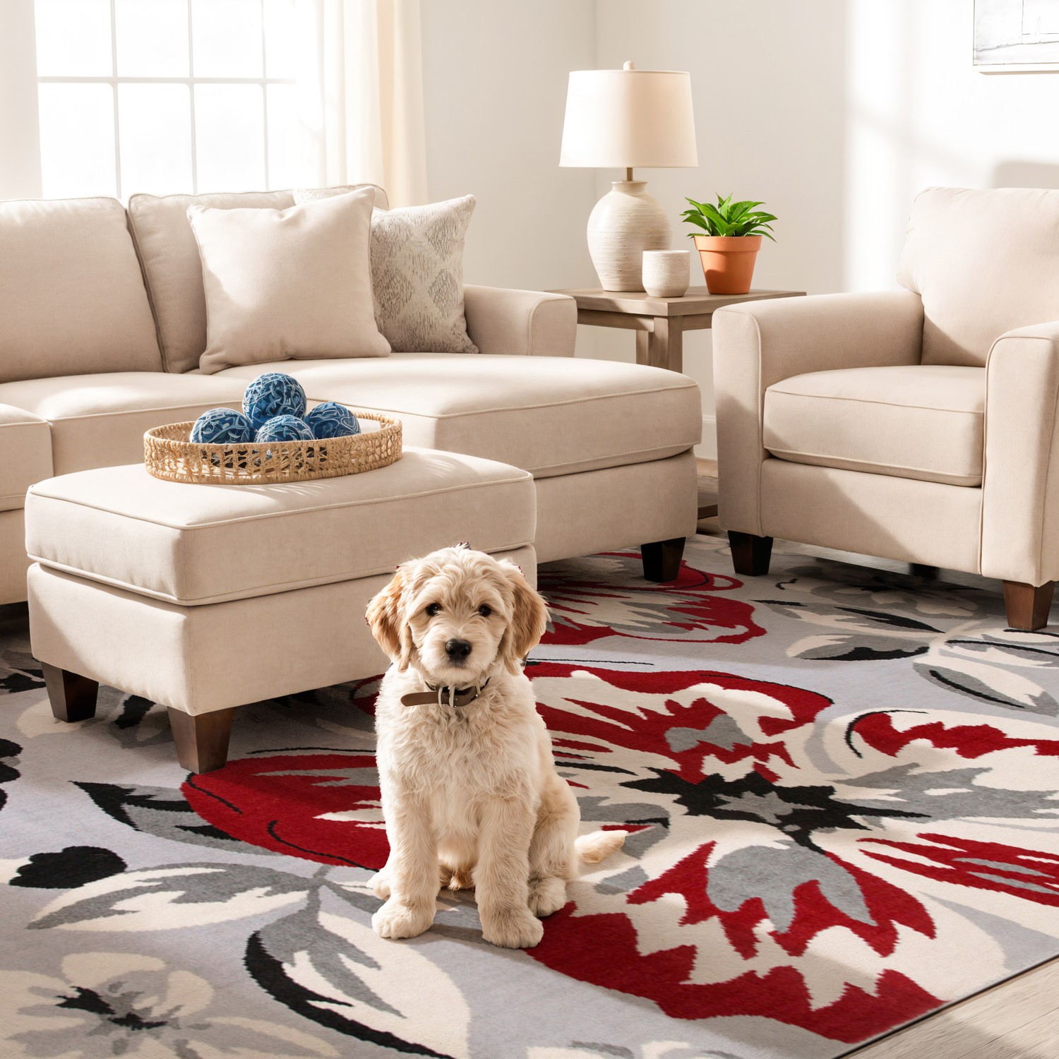 Rugshop Area Carpets Modern Floral Design Polypropylene Rugs Jute Red Rugs 5×7