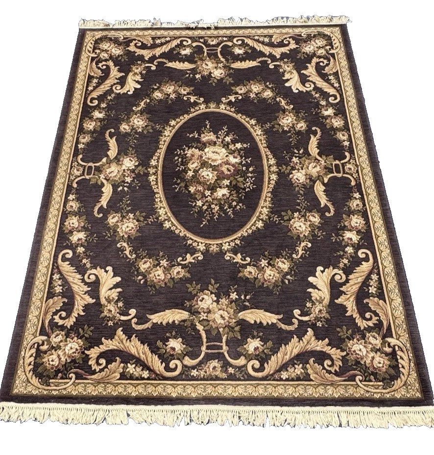Aubusson Vintage French Empire Style Rug 8 x 11 ft Chocolate Brown & Cream