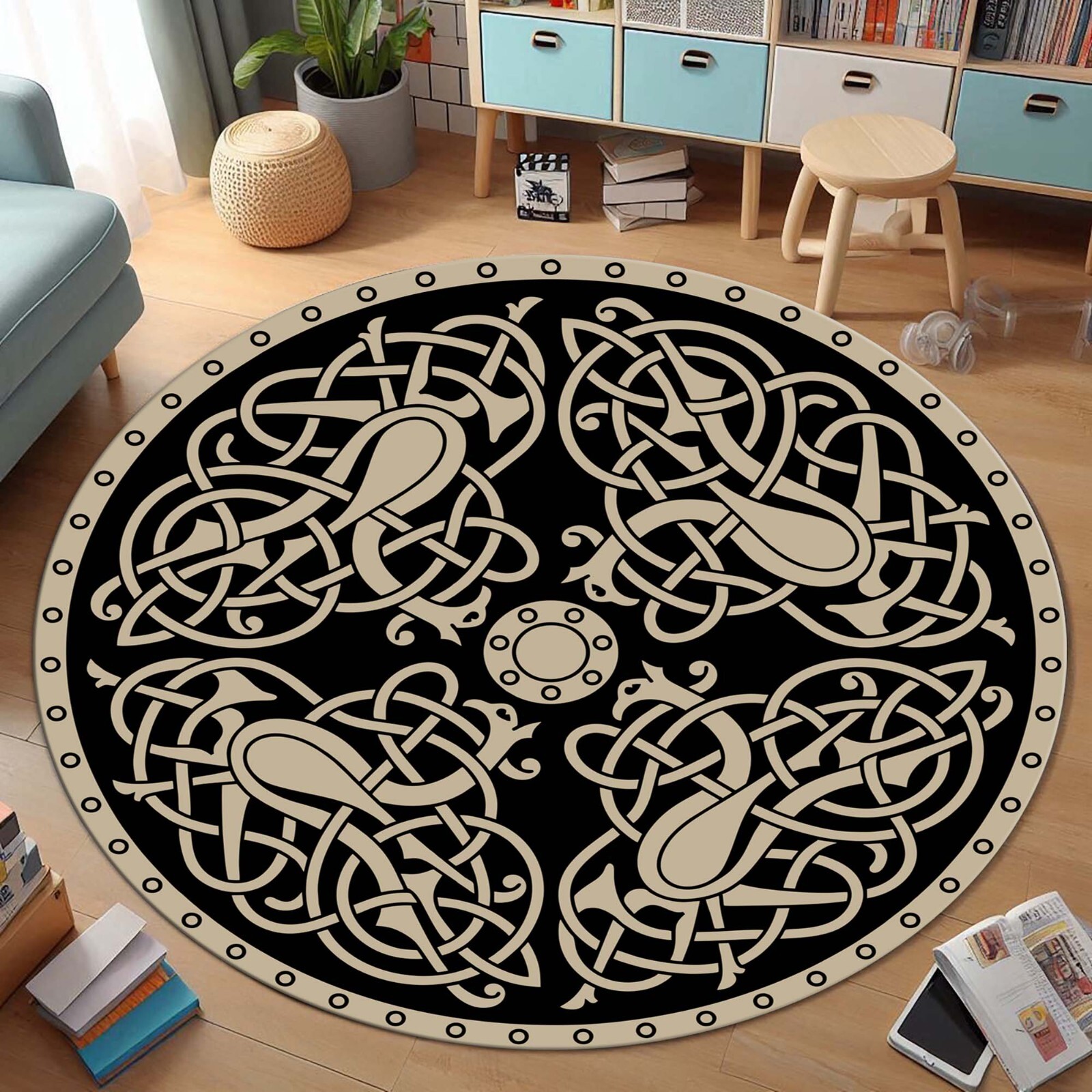 Viking Celtic Knot Round Rug, Nordic Mythology Rug, Medieval Warrior Shield Mat