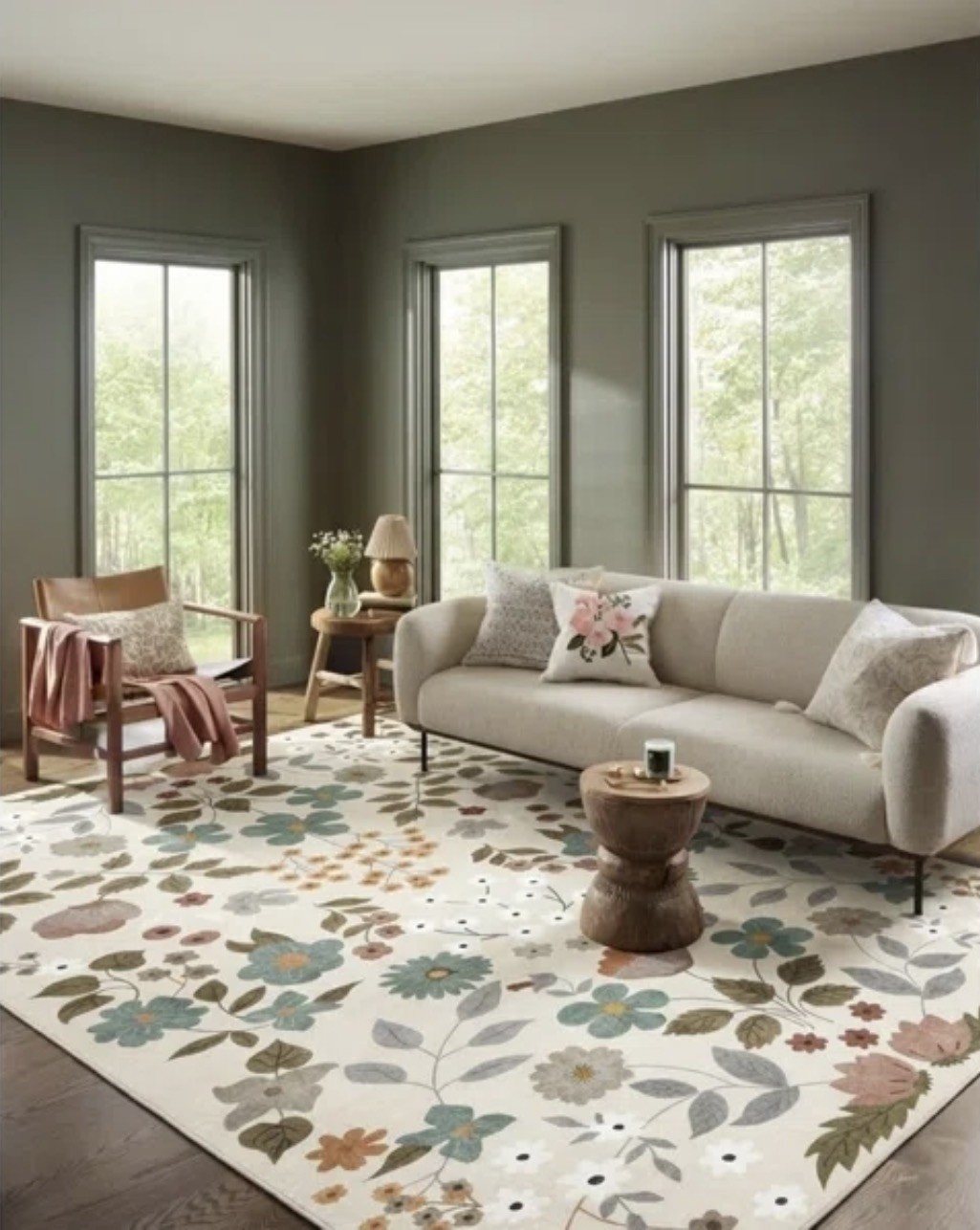 Beige Floral Machine Washable Indoor Area Rug 8×10 ft Non-Slip