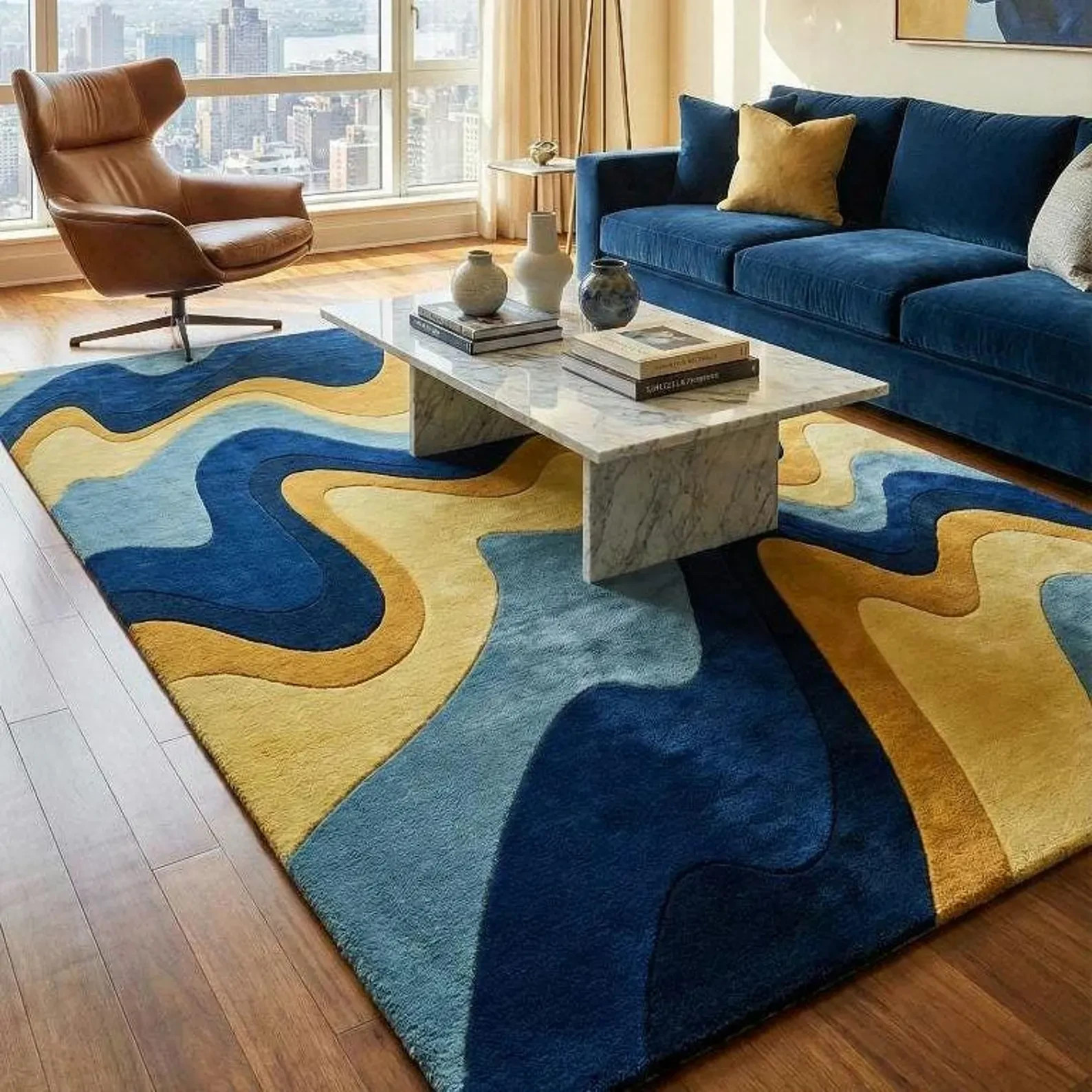 Abstract Hand Tufted Wool Rug | Blue & Mustard Modern Area Rug | Luxury Room Rug