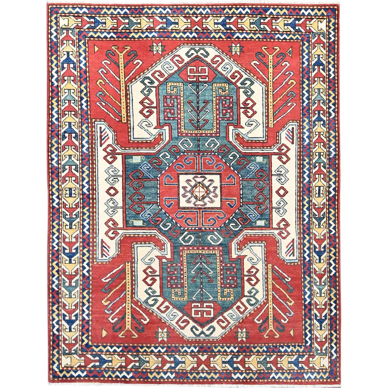 5’x6’6″ Pepperoni Red Wool Antiqued Caucasian Swan Kazak Hand Knotted Rug R86809
