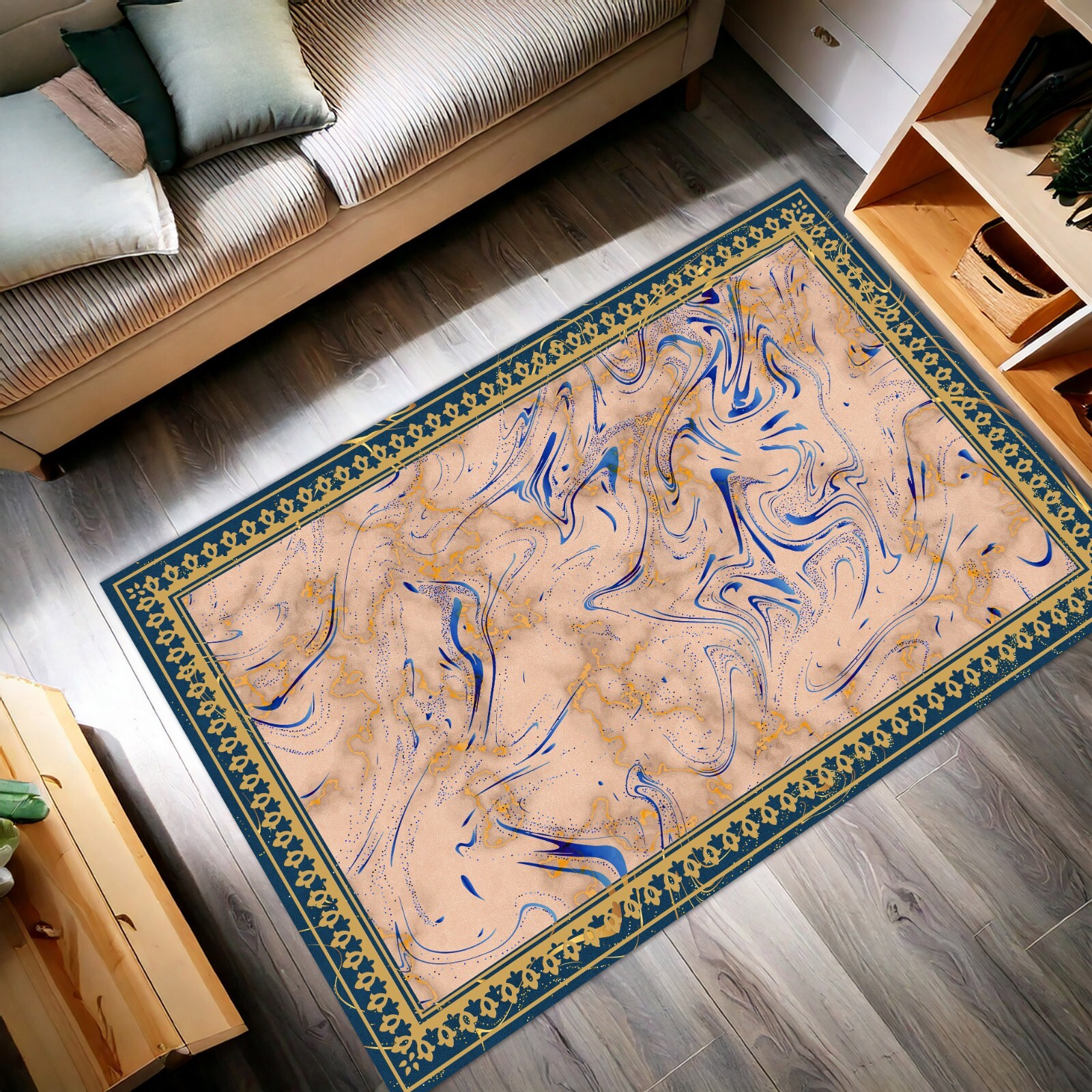 Beige and Blue Abstract Marble Pattern Area Rug – Modern Artistic Carpet