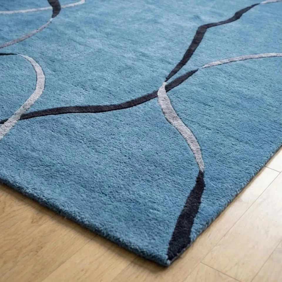 Modern Blue Abstract Rug – Hand Tufted Wool Area Rug, Minimalist Organic