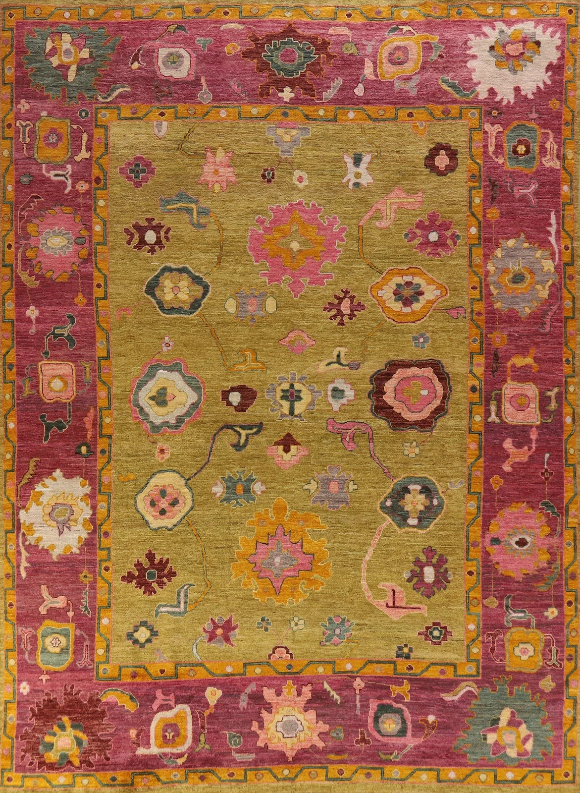 Hand Knotted Oushak Rug Pink Gold Wool Area Rug Turkish Floral Carpet