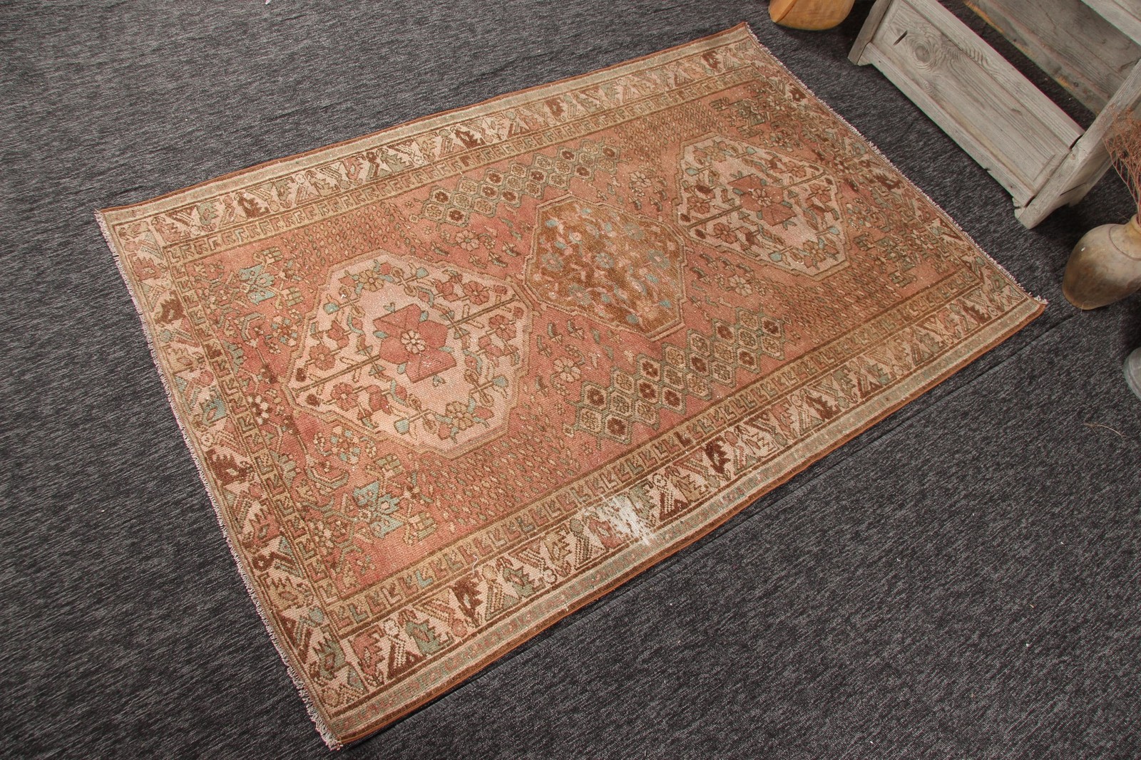 Turkish Area Rug 4,2×6,46 ft, Brown Striped Vintage Wool Rug