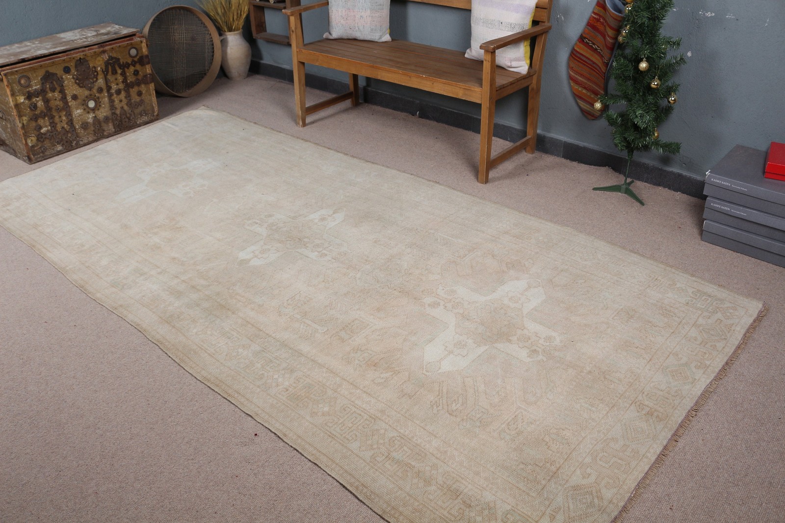 4,9×10,4 ft Rug, Turkish Vintage Rug, Beige Wool Rug