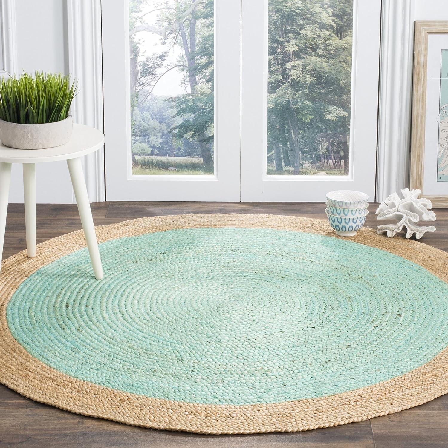 Handmade Aqua Blue & Natural Brown Jute Round Area Rug – 4′ Diameter