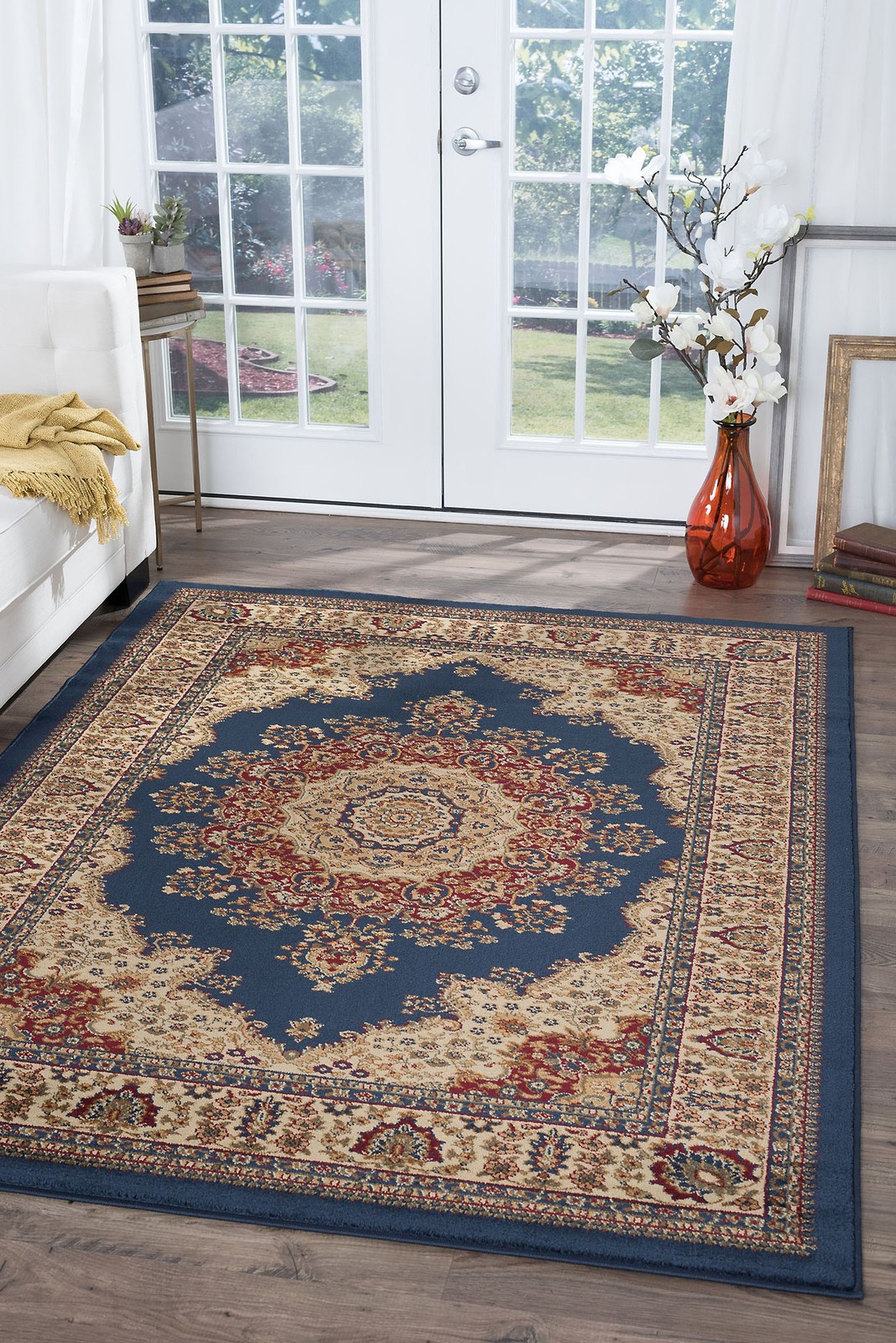 Navy Blue Traditional Oriental 8×10 Area Rug Bordered Carpet: Actual 7’10″x10’3″