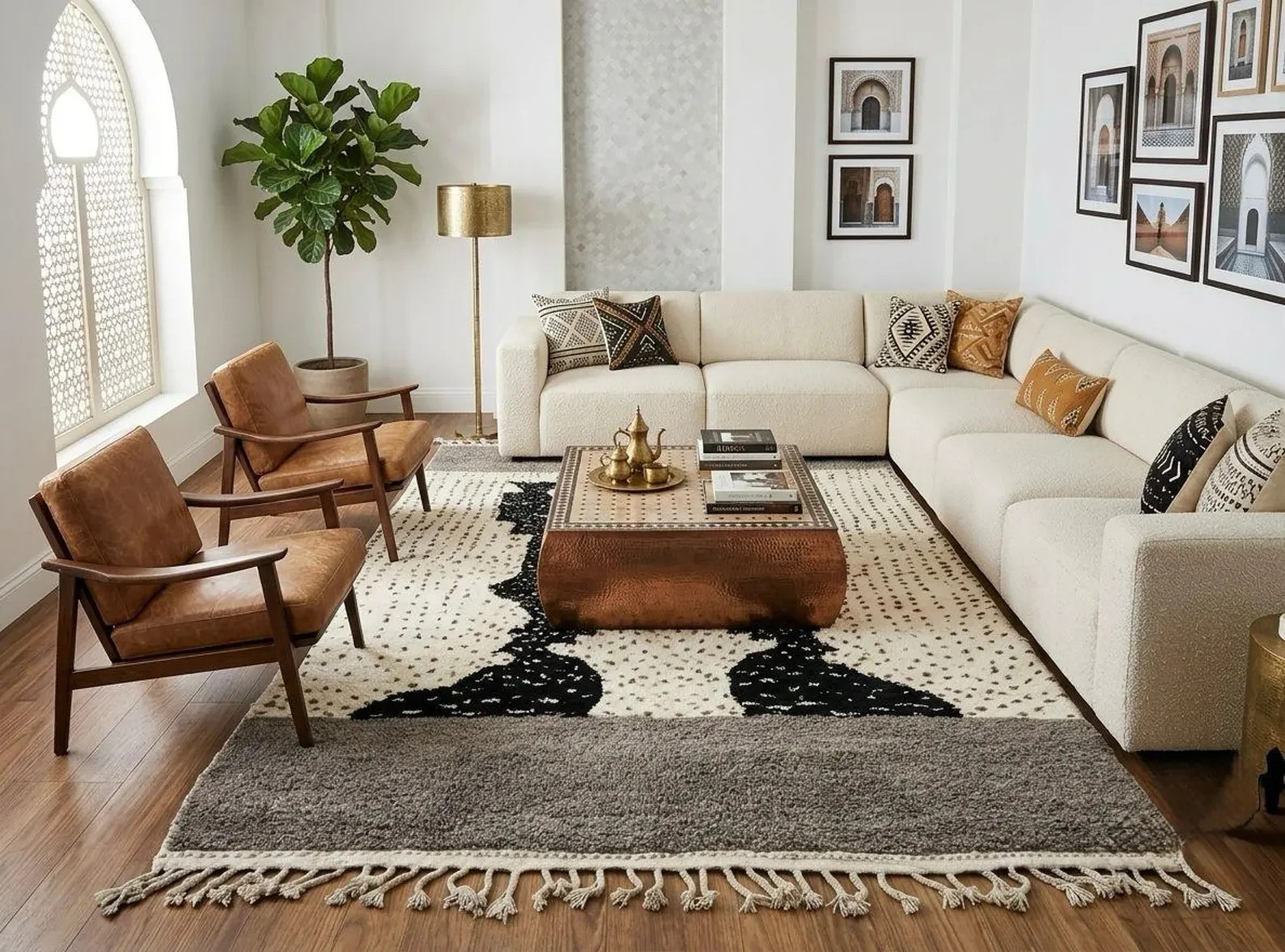 Handmade Beni Ouraina Rug Moroccan Berber Wool Carpet Black Ivory Tribal Design
