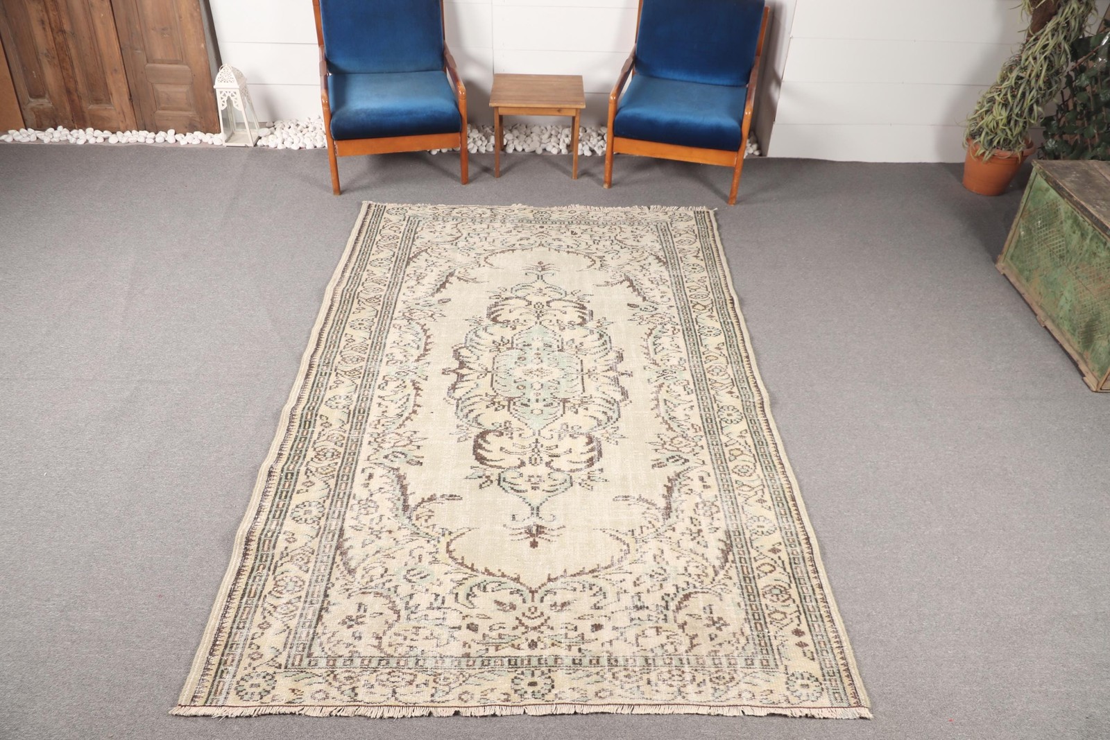 5,4×8,4 ft Rug, Turkish Vintage Rug, Green Brown Bordered Wool Rug