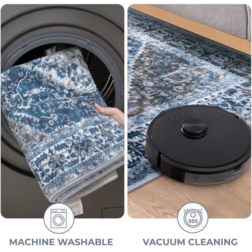 KOZYFLY 3×5 Ft Boho Area Rug Washable Non-Slip Vintage Kitchen Entryway Blue Rug