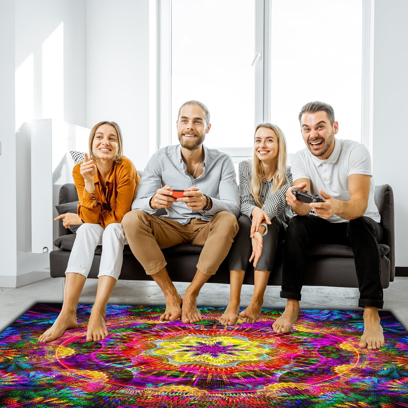 Trippy Mandala Area Rug Black Light,Large UV Reactive Glow in The Dark Boho N…