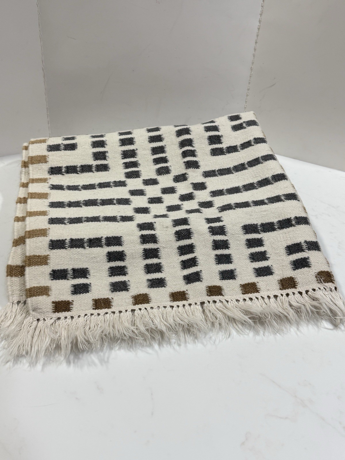 Wool Geometric Abstract Runner Rug Carpet 32”x83” Grey Crème Gold Brown Fringe D