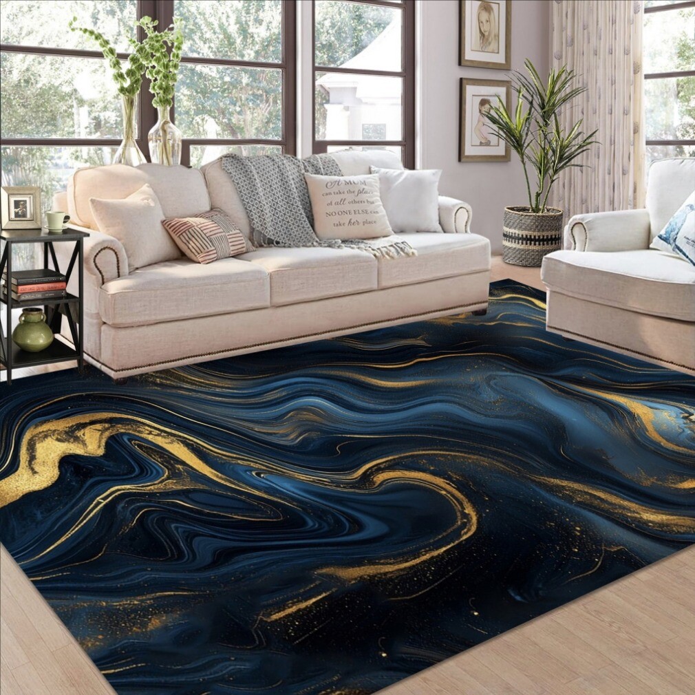 Navy Blue Gold Fluid Rugs Abstract Marble Texture Rug Luxury Soft No Slip Carpet