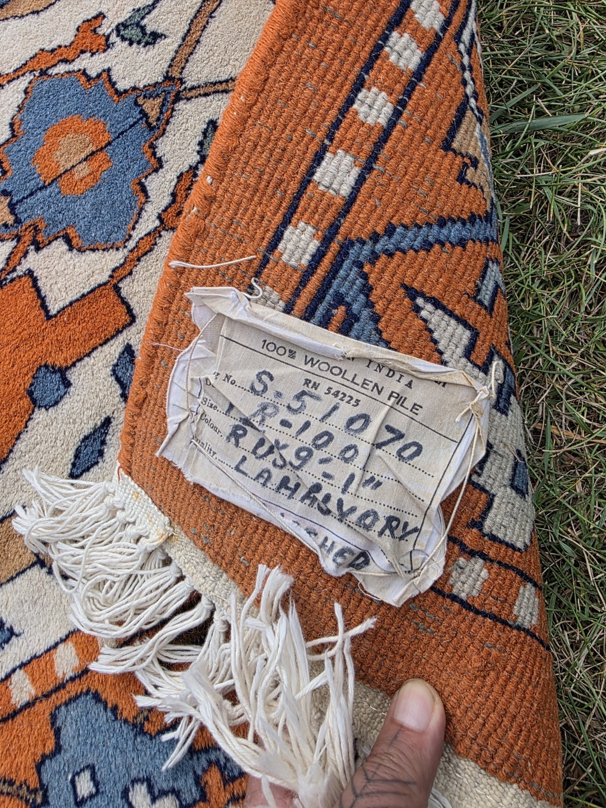Heavyweight Vintage 9×12 Wool Area Rug Rust Orange Slate Blue Medallion Serapi S
