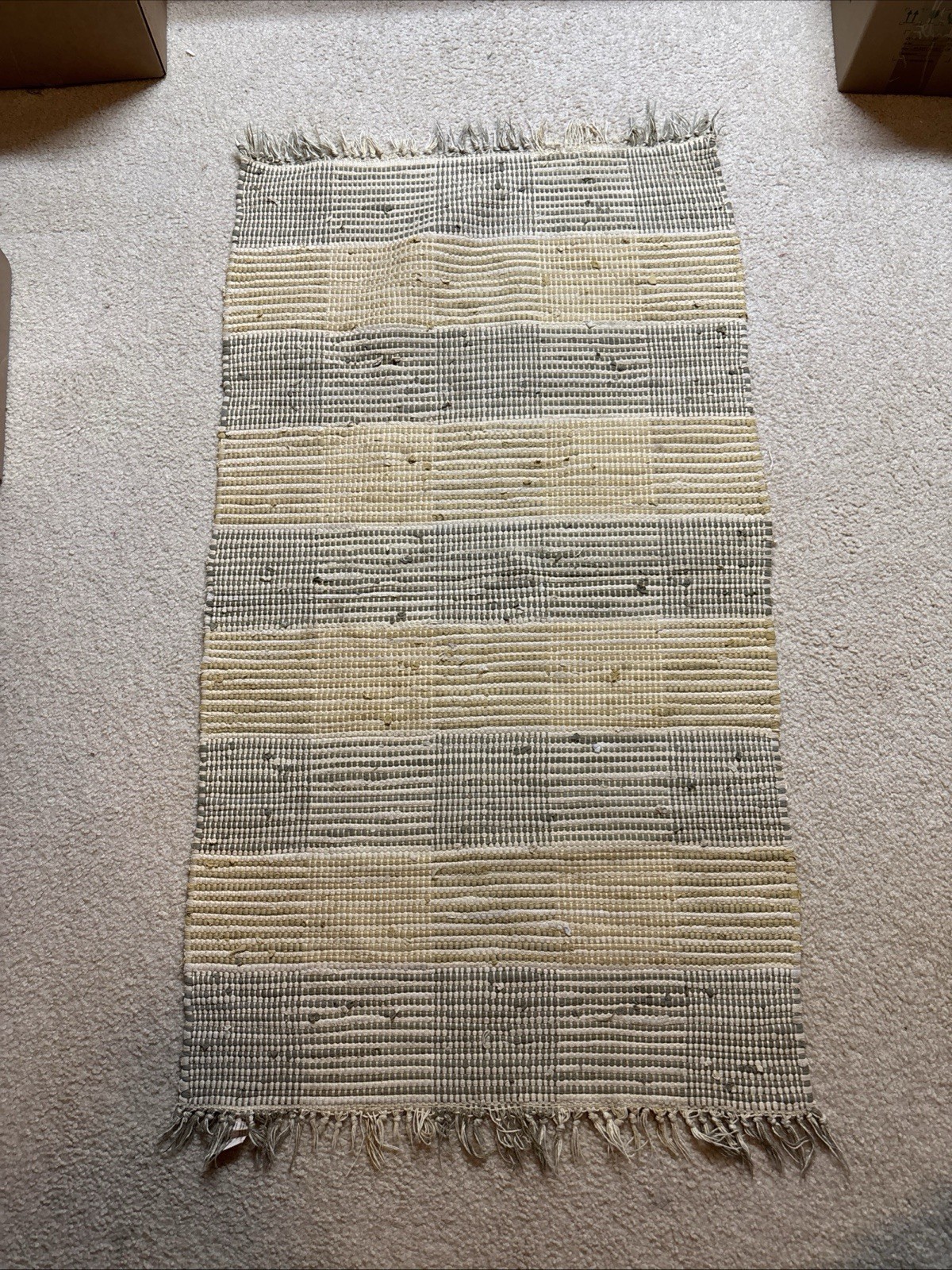 Crate & Barrel 100% Cotton 27”x 52” Olive Green, Beige, Gold Rag Rug