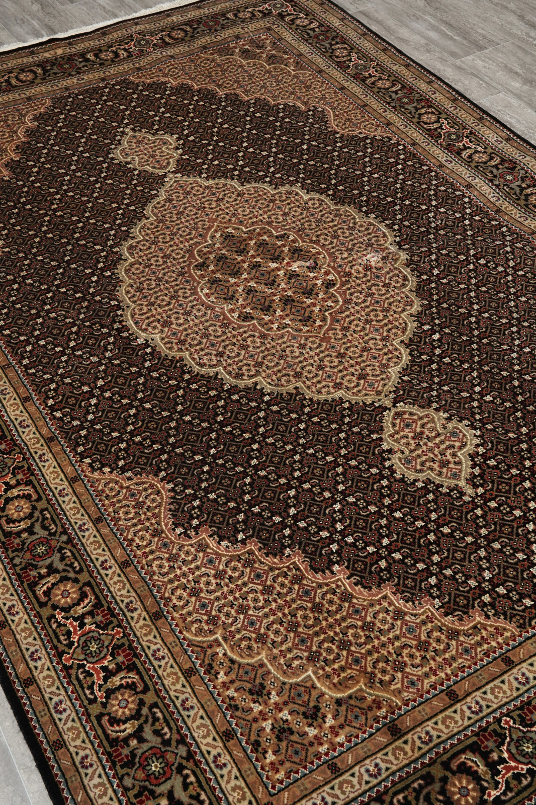 5.5 x 8 Black Tabriiz Mahii Wool and Silk Handmade Rug #F-4454