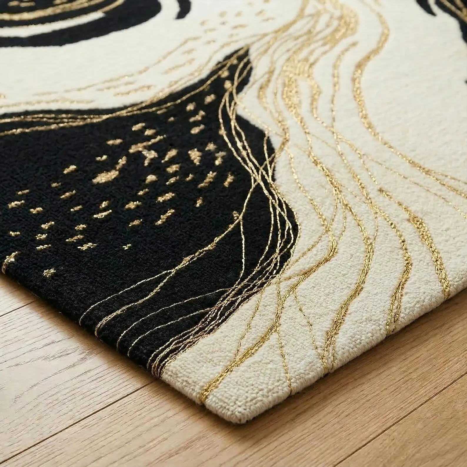 Abstract Hand Tufted Wool Rug, Black Cream Gold Marble Design Rugs for living