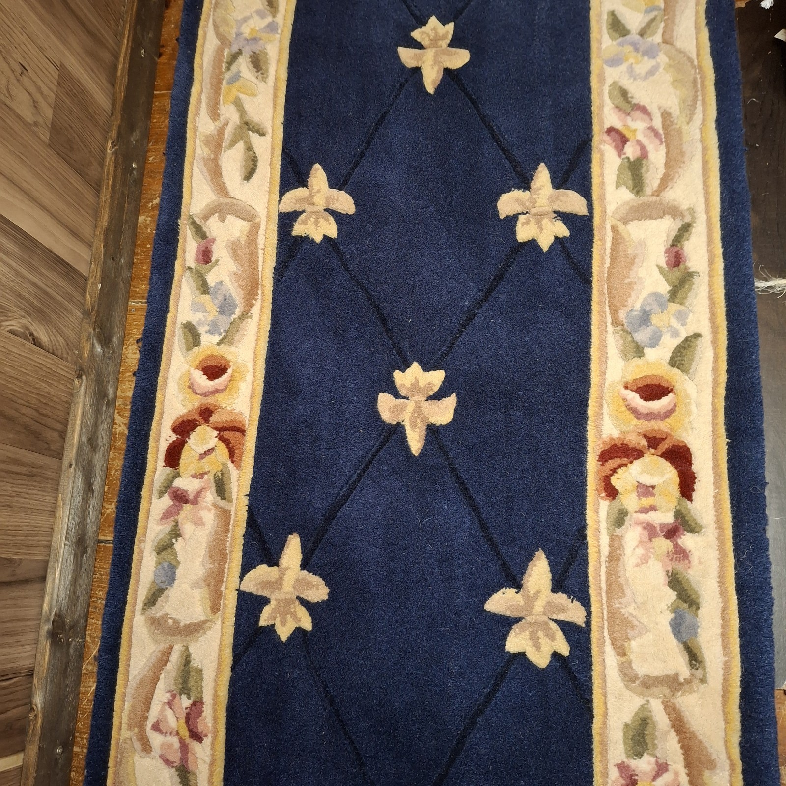 Vintage Floral 100% Wool Pile Rug 2X3X10ft Navy Blue Royal Palace Fleur de Lis