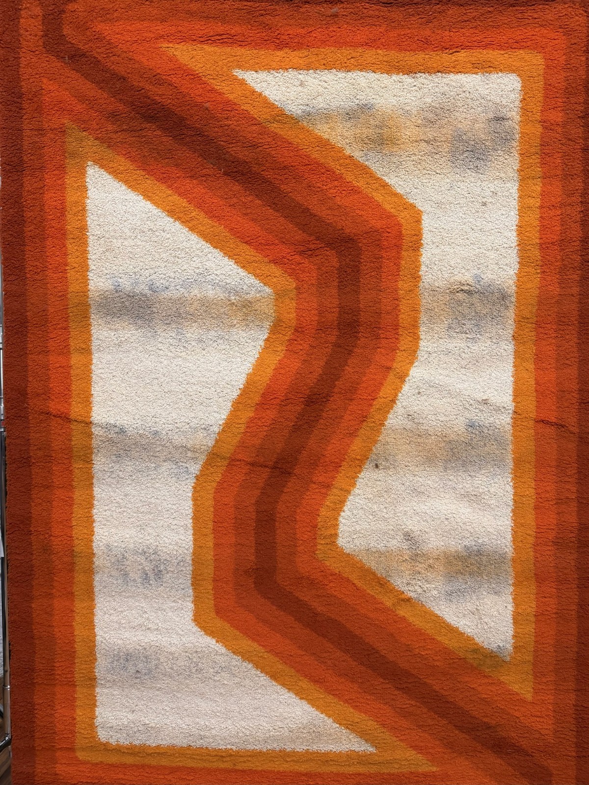 70s Wilton Orange Line Border Geometric Pattern UNUSED Rya Rug MCM Wool