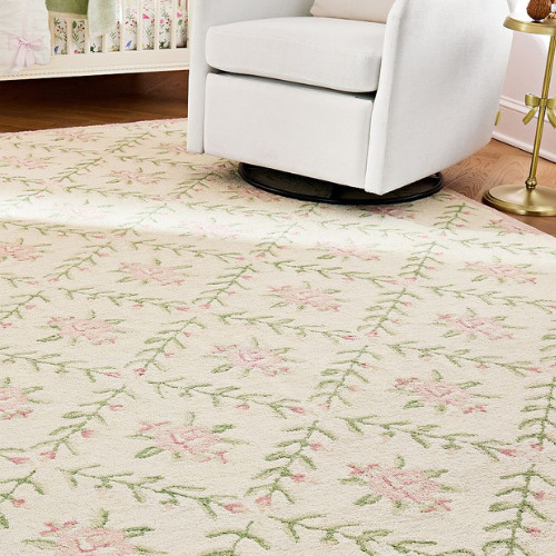 Hand-Tufted Wool Area Rug with Floral Design, Soft Pink & Green Home Decor