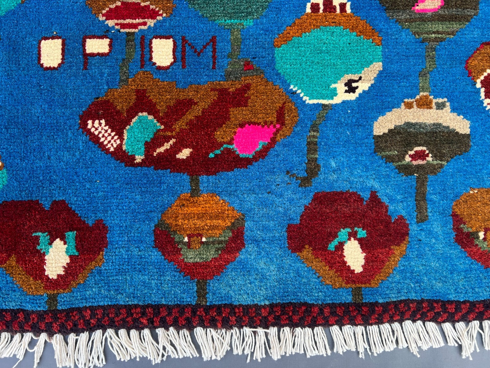 2’1 x 2’8 Ft Colorful Afghan War Rug – Opium Trade Pictorial Design Blue Field