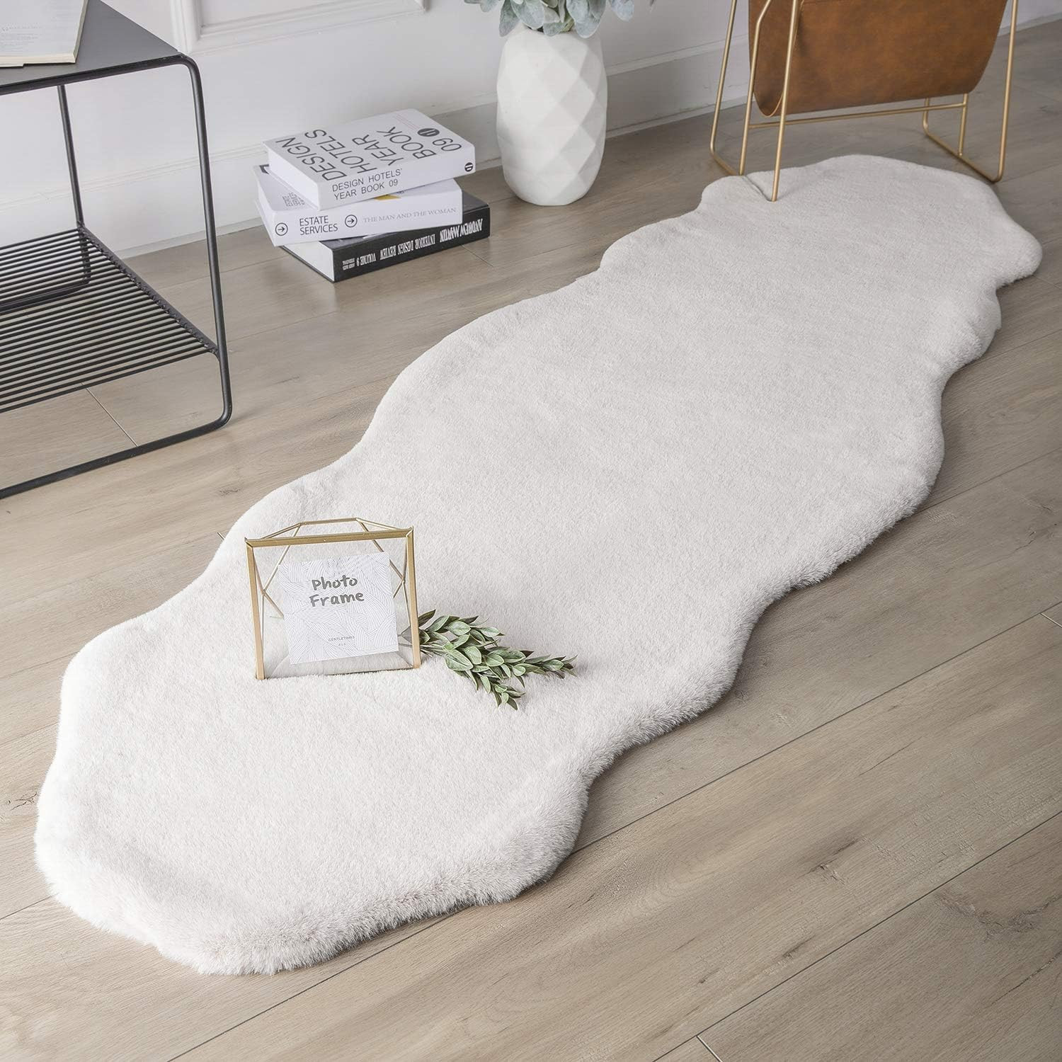 Ashler Faux Rabbit Fur Rug, White 2X6 Ft Soft Fluffy Faux Fur Runner Rug, Shaggy