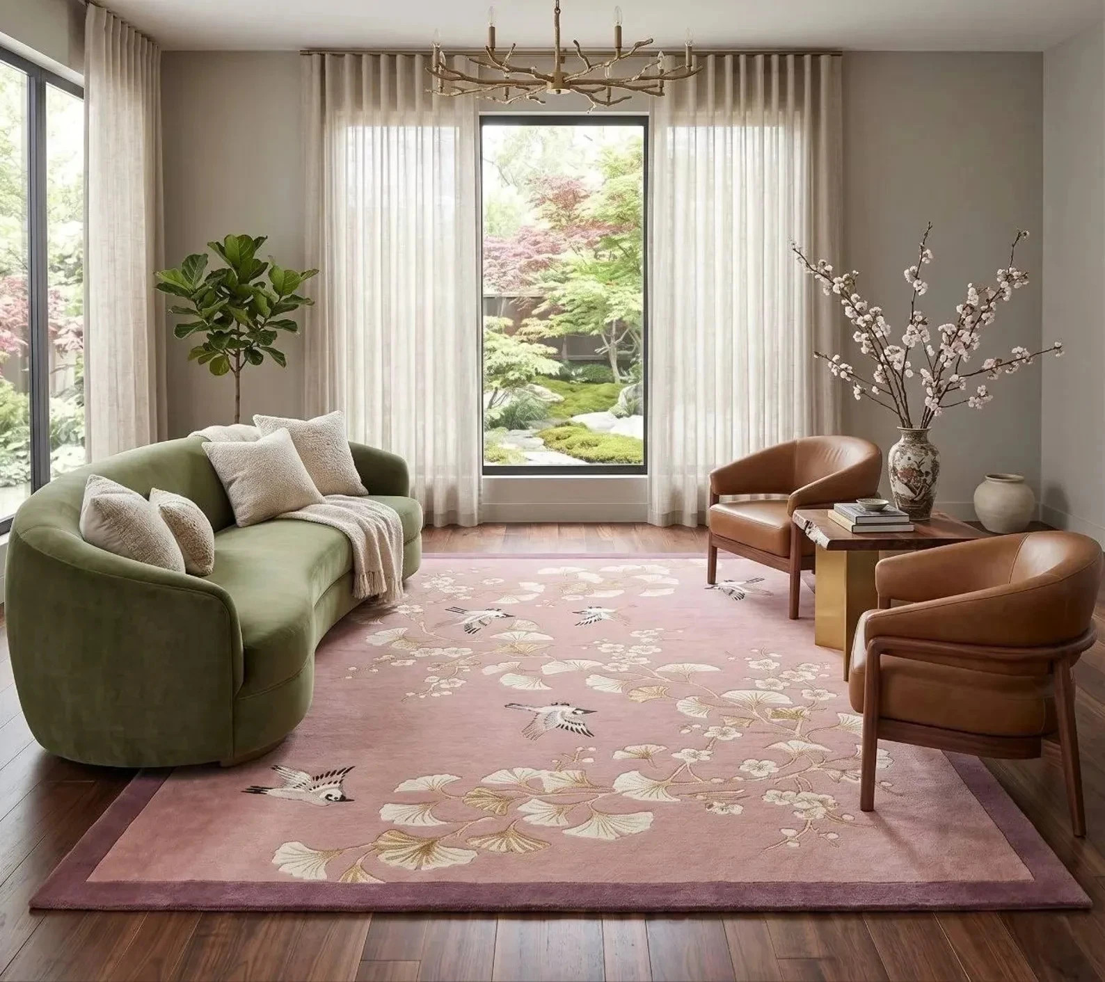 Hand-tufted Wool Rug: Pink Chinoiserie Floral Bird Ginkgo Design Area Carpet Rug