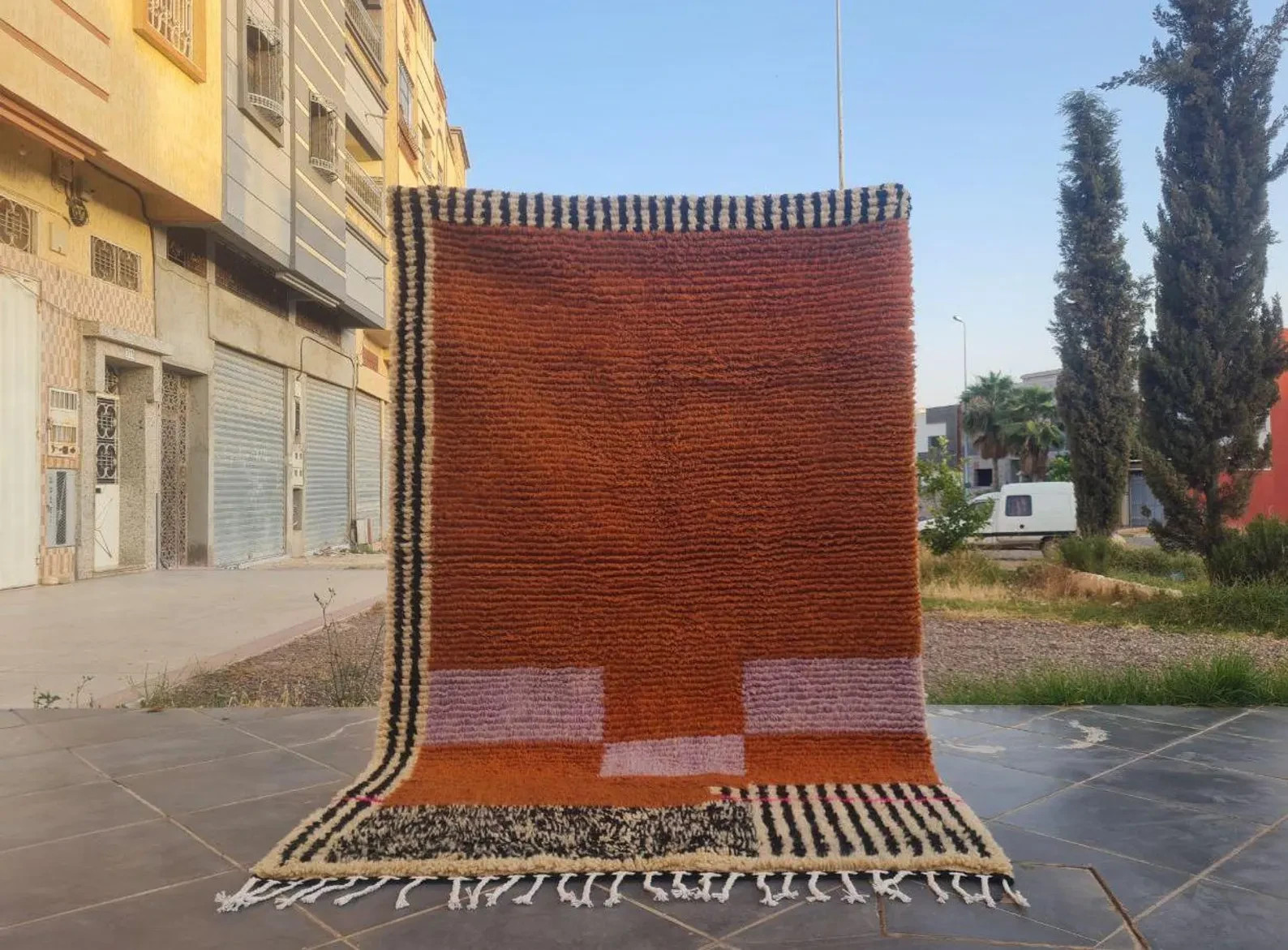 Handwoven Moroccan Wool Rug: Terracotta Orange Boho Carpet