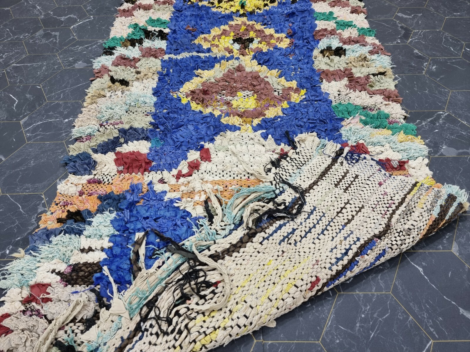 Moroccan Handmade Vintage Boucherouite Rug 2’3″x7′ Berber Geometric Blue Carpet