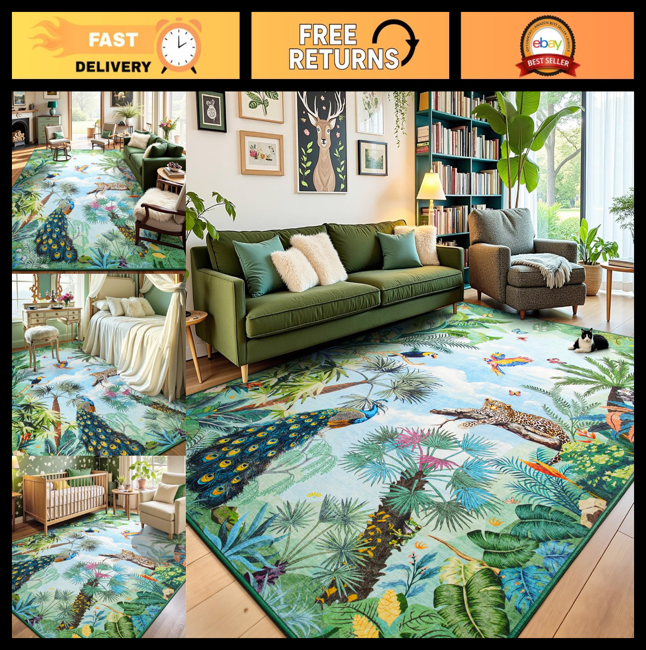 Washable 5×7 Animal Print Rug for Living Room & Bedroom – Jungle Green Safari Ca