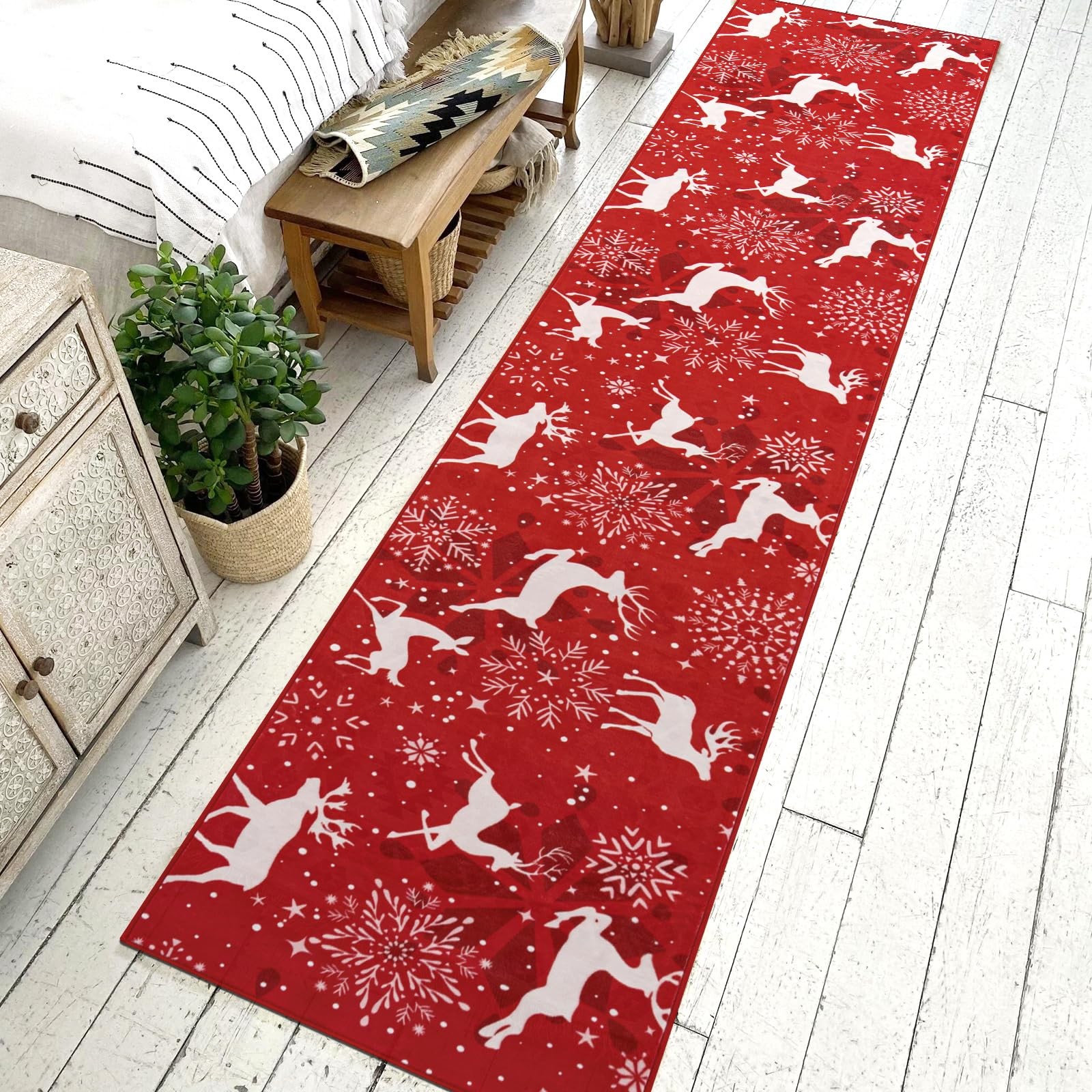 Christmas Runner Rug Red-2×10 Reindeer Washable Runner Rug for Hallway Non Sl…