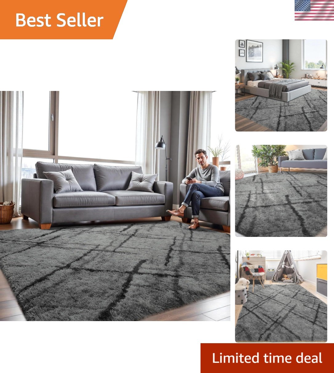 Plush Grey Geometric Area Rug 9×12 – Non-Slip Washable Design for Cozy Homes