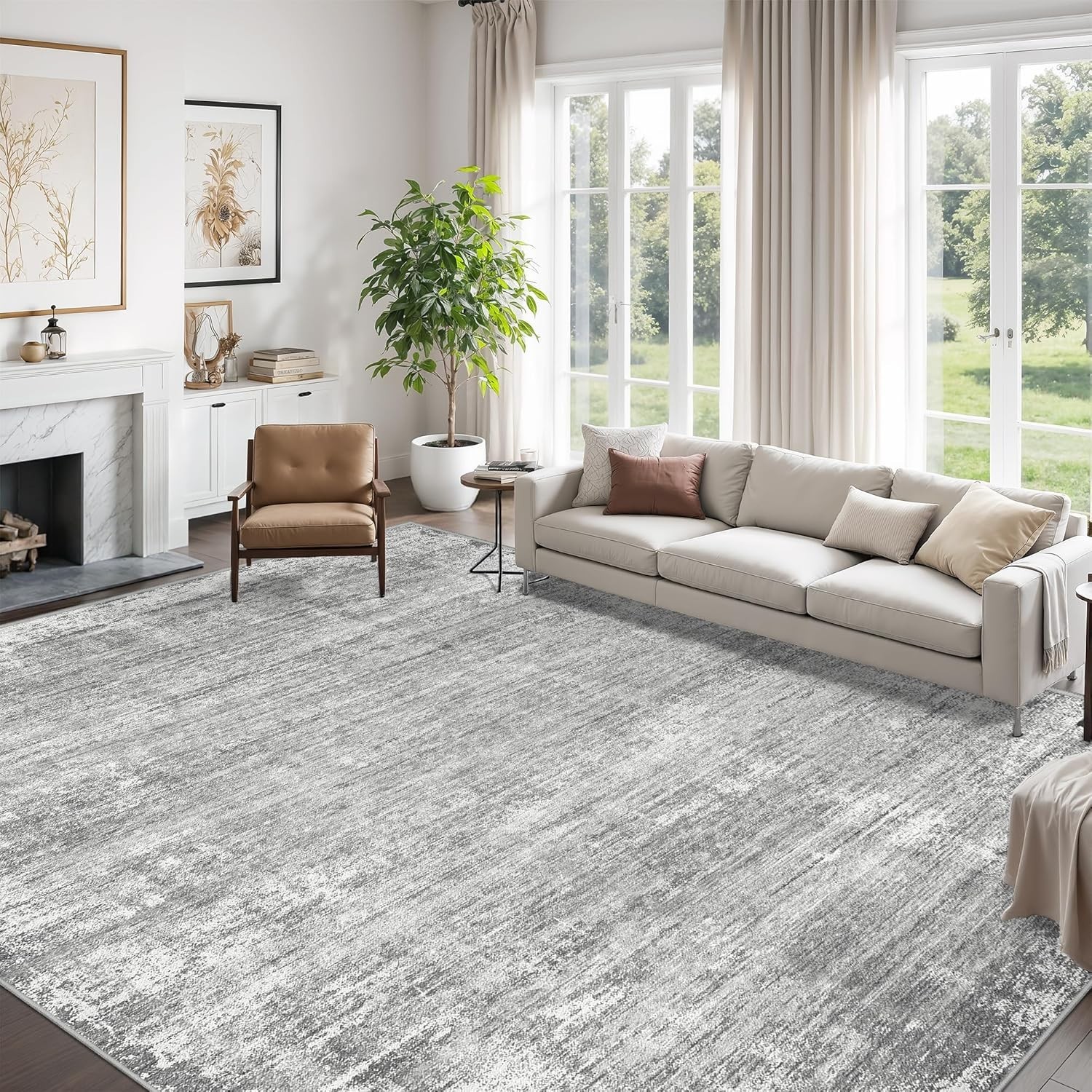 8×10 Modern Abstract Area Rug w Non-Slip Backing, Washable, Stain Resistant Grey