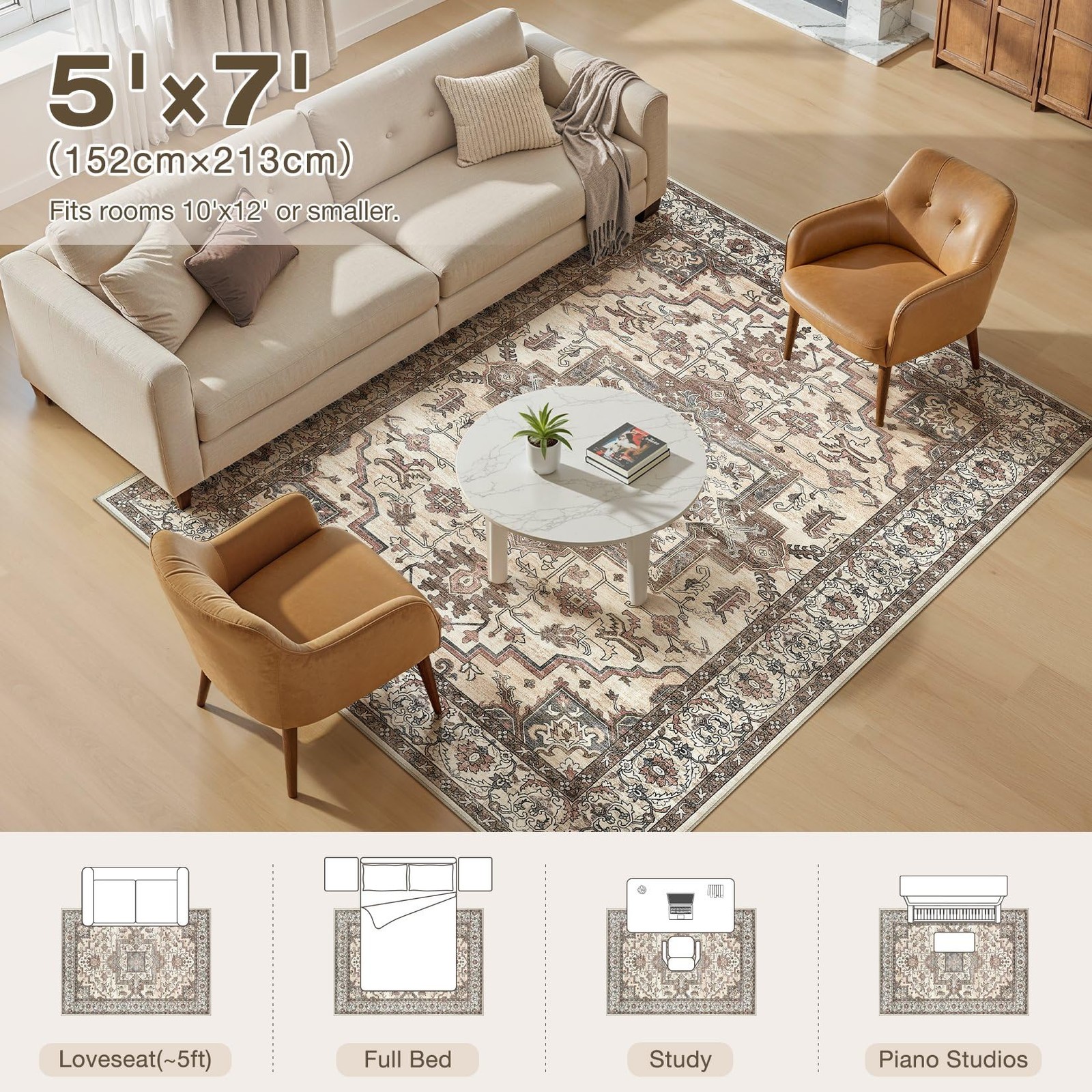 5×7 Area Rugs Living Room: Washable Vintage Rug Large Non-Slip Stain Resistan…