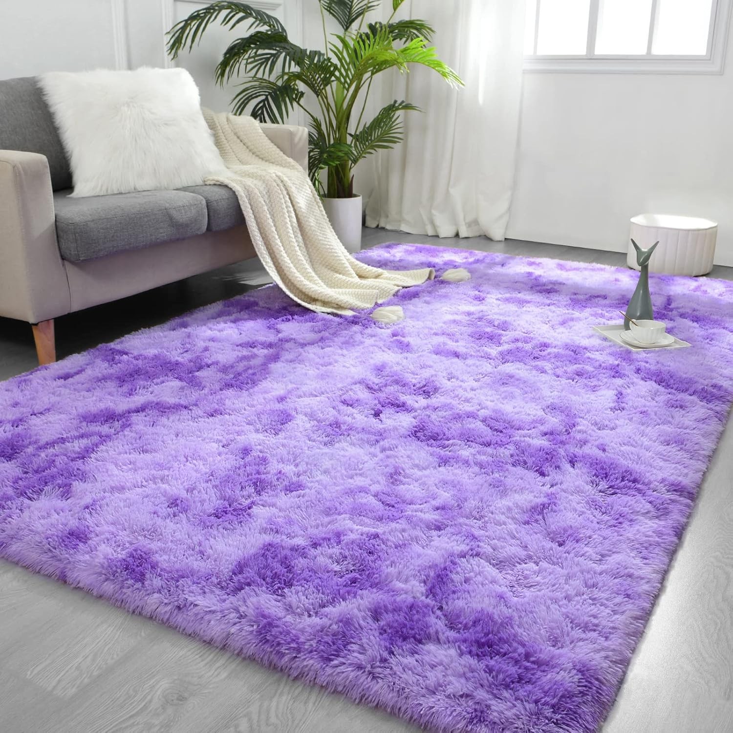 Purple Tie-Dyed Large Rugs for Living Room, 4×6 Feet Shaggy Rug Fluffy Throw