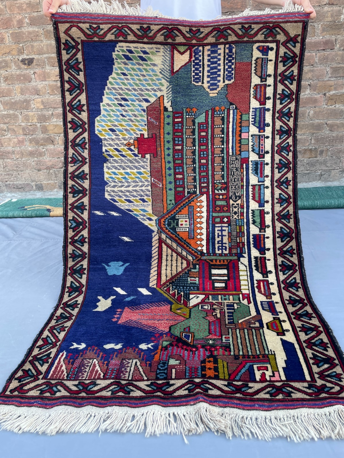 2×4 Pictorial Afghan Wool Rug with Colorful Village Houses Cars and Mountain