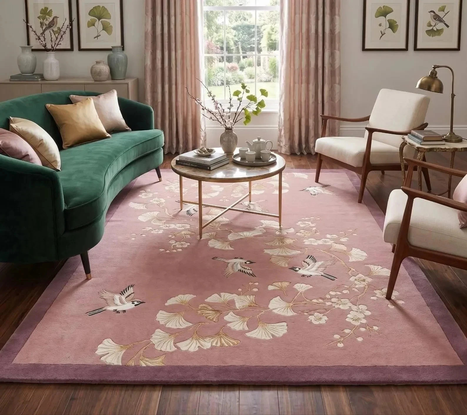 Hand-tufted Wool Rug: Pink Chinoiserie Floral Bird Ginkgo Design Area Carpet Rug