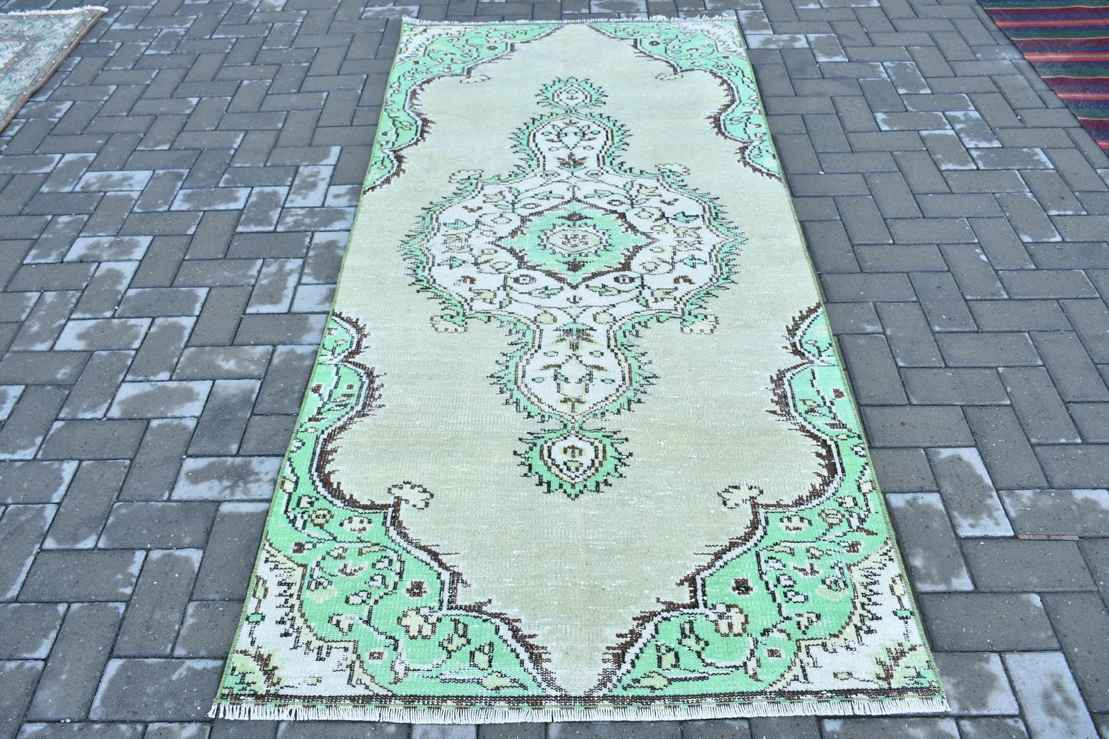 Vintage Rug, 3,6×7,7 ft Area Rug, Green Camouflage Wool Turkish Rug