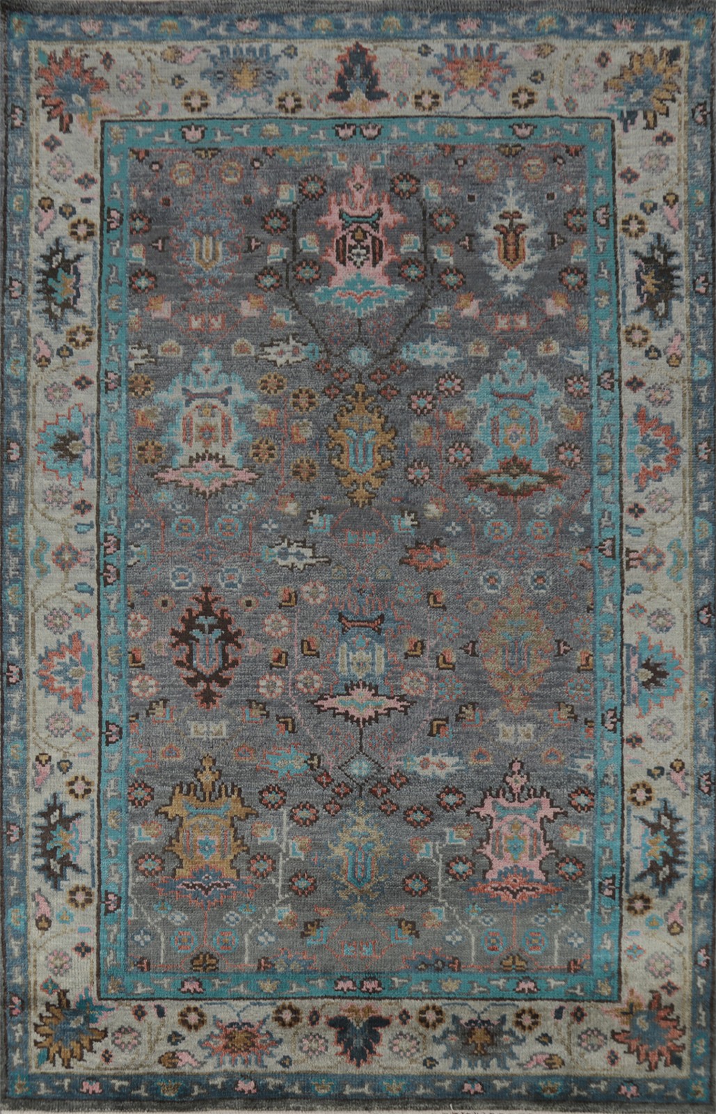 Geometric Dark Blues Oushak 6×9 Hand-Knotted Wool Area Rug in All-Over Pattern