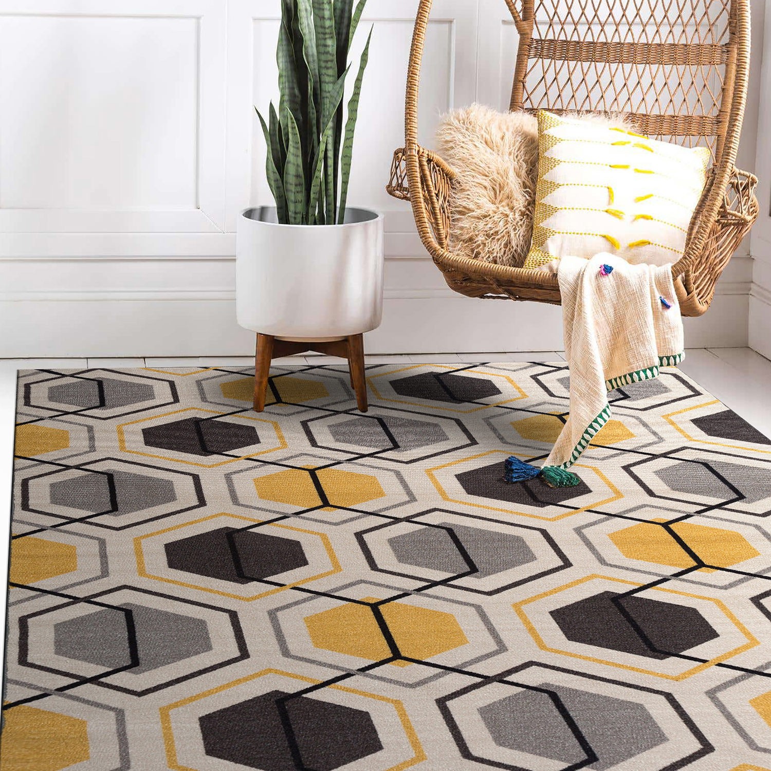 Rugshop Area Rug Contemporary Geometric Stripe Non-Slip Rugs Yellow Rugs 5×7 Rug