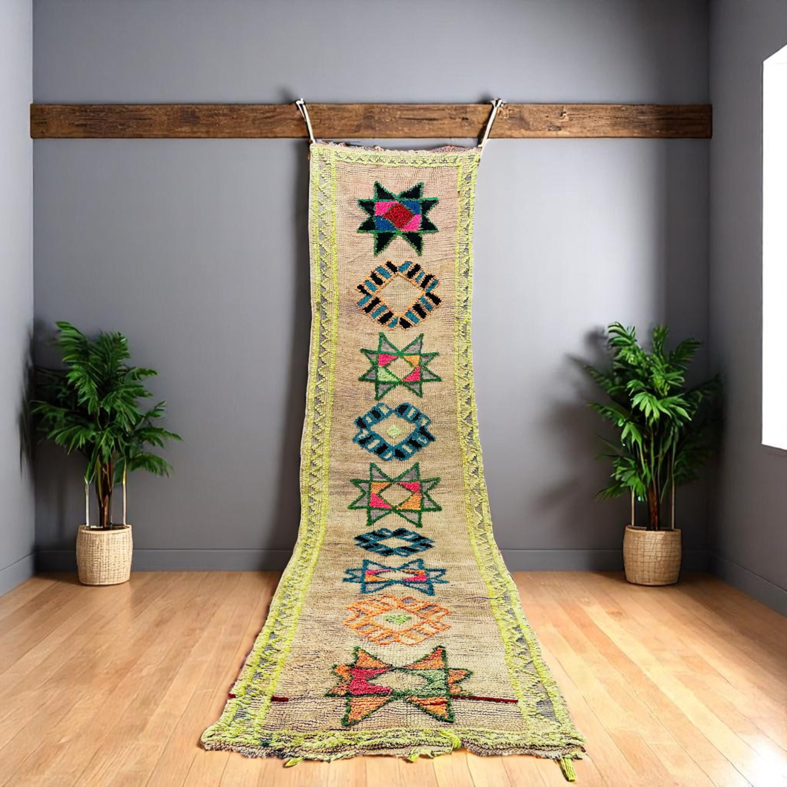 Bohemian Moroccan Shag Runner 32×126 in – Handmade Wool – Star Design Neon Accen