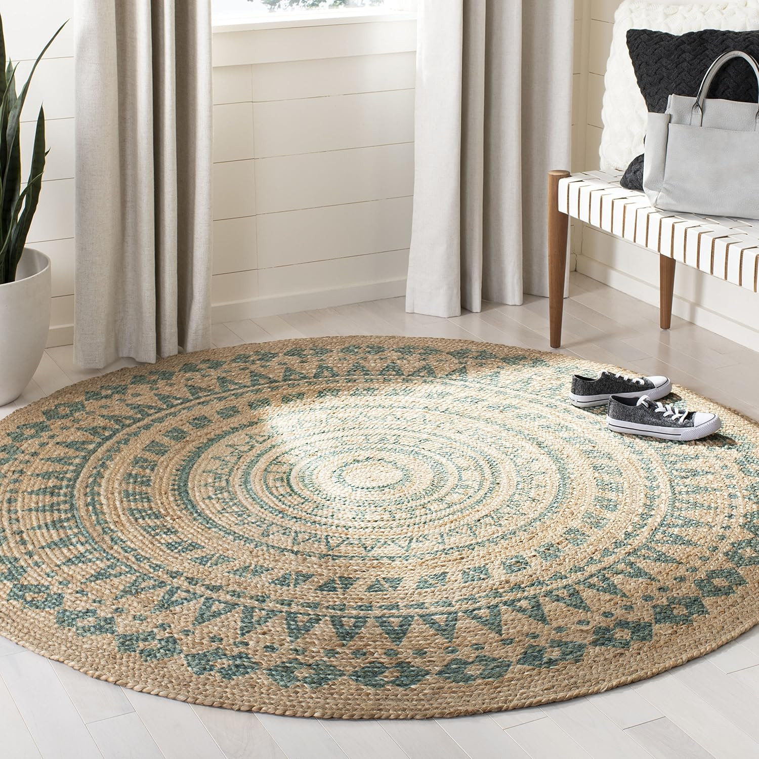 Handmade Aqua & Natural Jute Area Rug – 8′ Round Boho Mandala Design